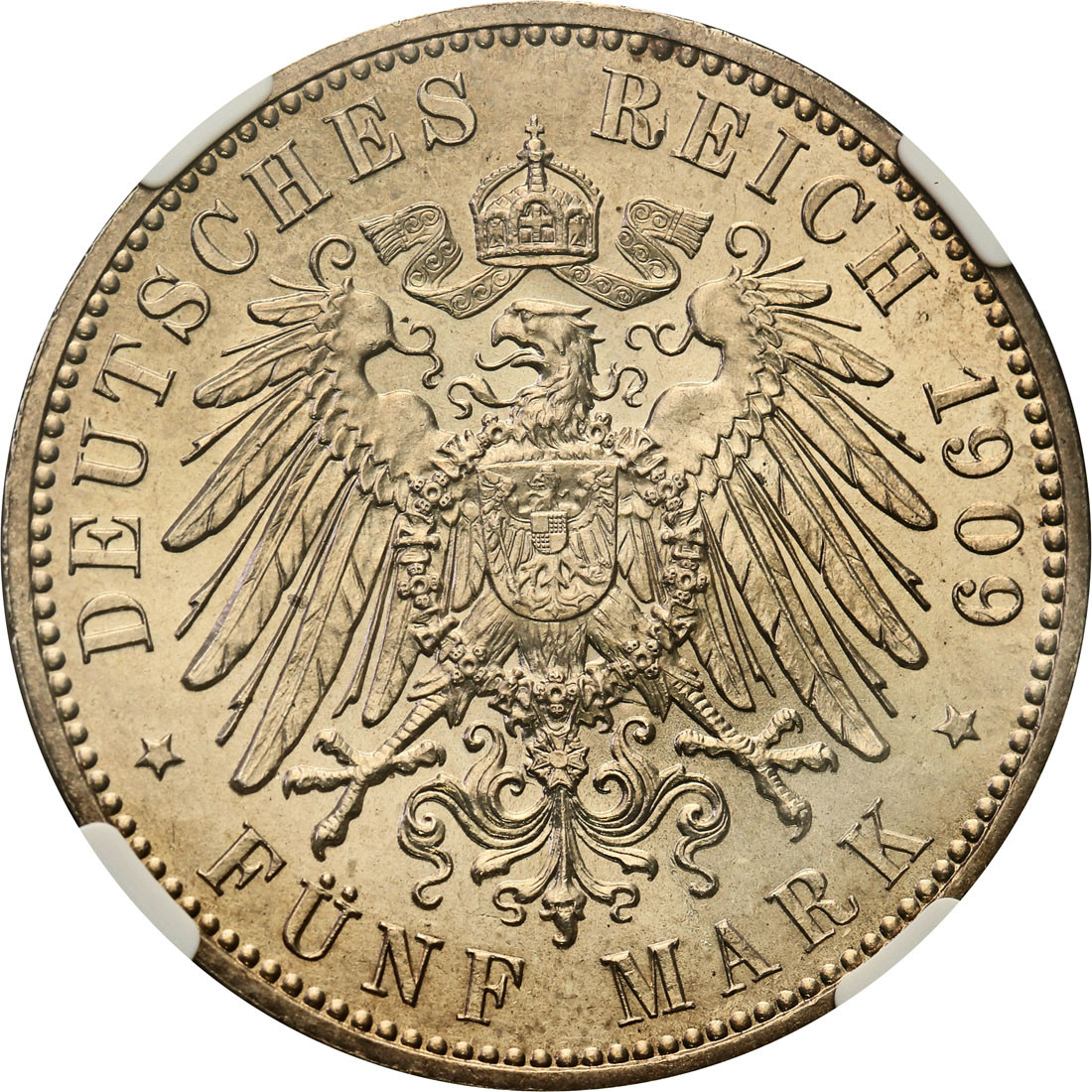 Niemcy. Saksonia. 5 marek 1909 NGC MS65 - Piękne